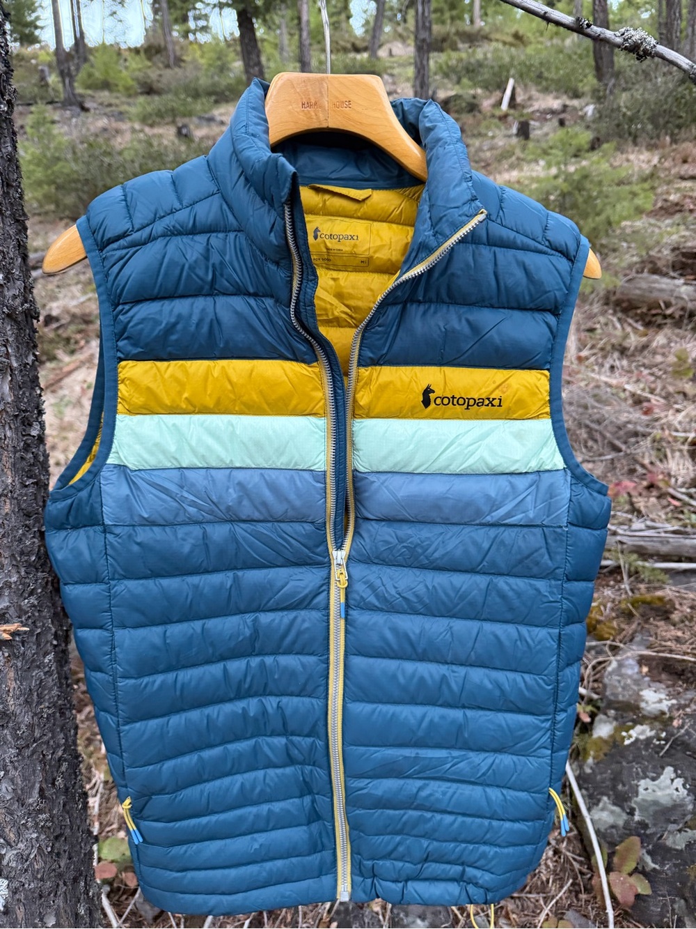 cotopaxi Blue Quilted Vest with Yellow & Light Blue Stripes